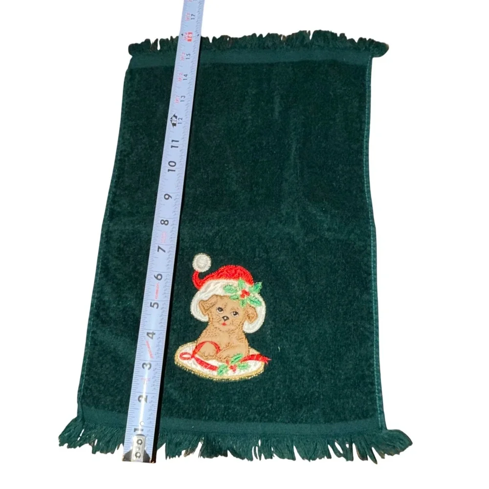 Vintage Christmas Hand Towel Embroidered Puppy Dog Santa Hat Fringed Green Bath